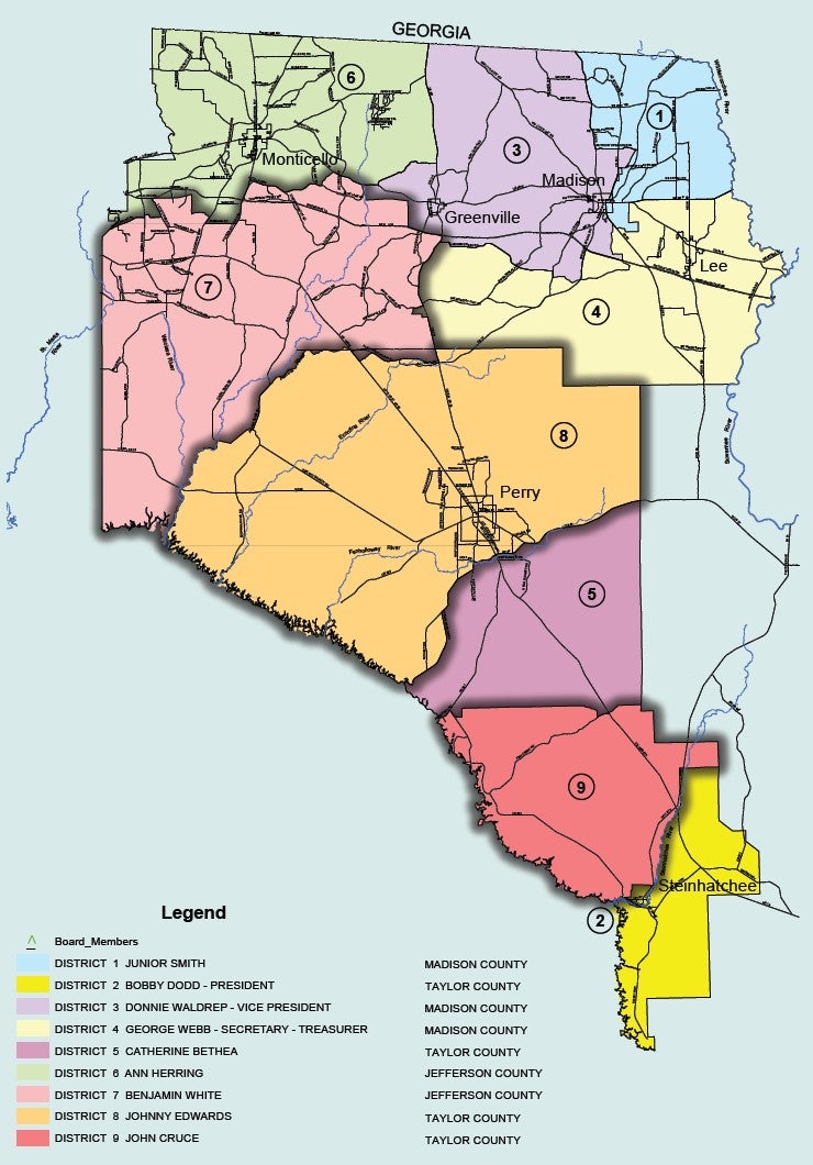 Map of TCEC service territory highlighting district 8 and 7 and 9